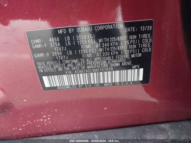 Photo 8 VIN: 4S4BTADC8M3157639 - SUBARU OUTBACK 