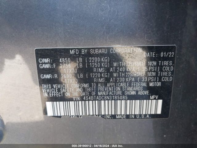 Photo 8 VIN: 4S4BTADC8N3185085 - SUBARU OUTBACK 