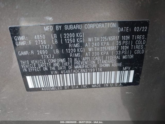 Photo 8 VIN: 4S4BTADC8N3199116 - SUBARU OUTBACK 