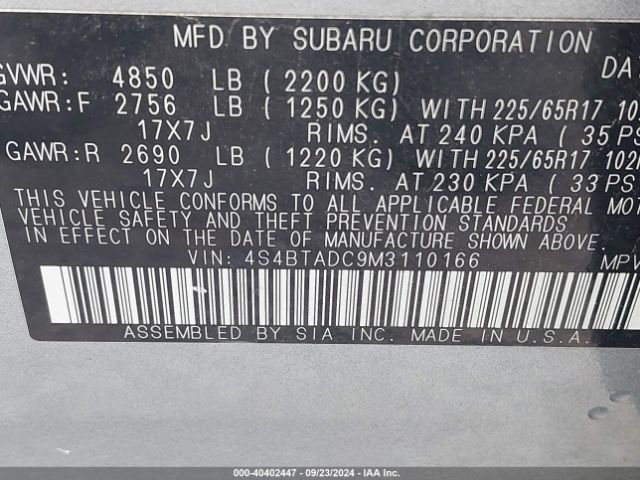 Photo 8 VIN: 4S4BTADC9M3110166 - SUBARU OUTBACK 