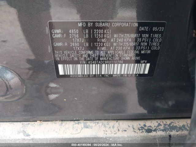 Photo 8 VIN: 4S4BTADC9R3110286 - SUBARU OUTBACK PR 