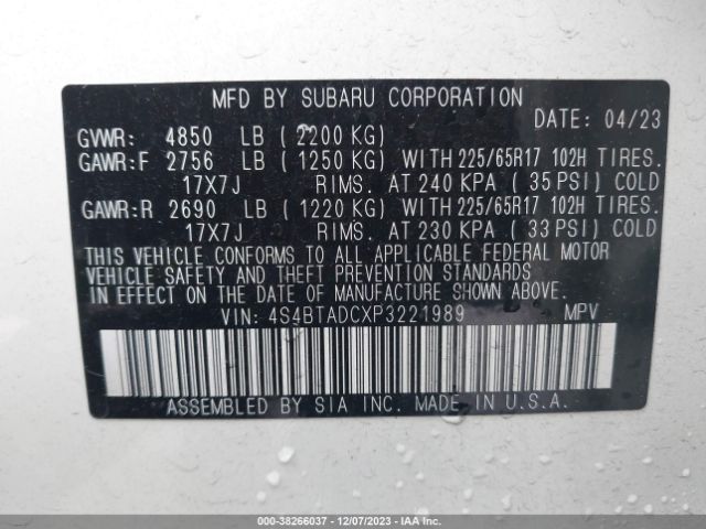 Photo 8 VIN: 4S4BTADCXP3221989 - SUBARU OUTBACK 