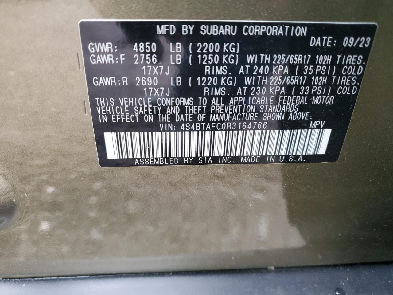 Photo 11 VIN: 4S4BTAFC0R3164766 - SUBARU OUTBACK PR 