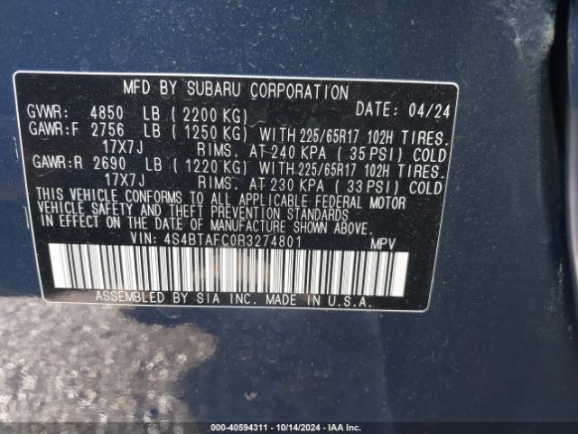 Photo 8 VIN: 4S4BTAFC0R3274801 - SUBARU OUTBACK 