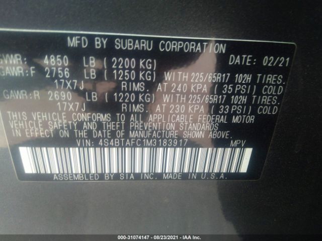 Photo 8 VIN: 4S4BTAFC1M3183917 - SUBARU OUTBACK 