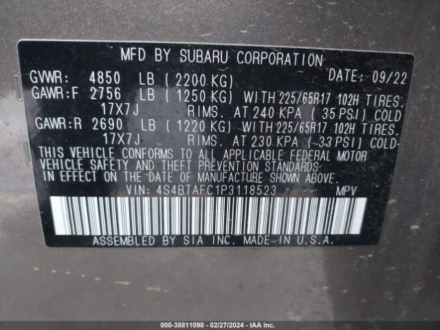 Photo 8 VIN: 4S4BTAFC1P3118523 - SUBARU OUTBACK 