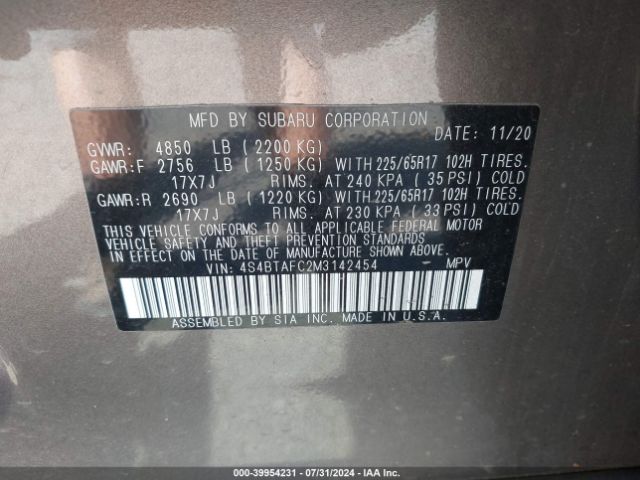 Photo 8 VIN: 4S4BTAFC2M3142454 - SUBARU OUTBACK 