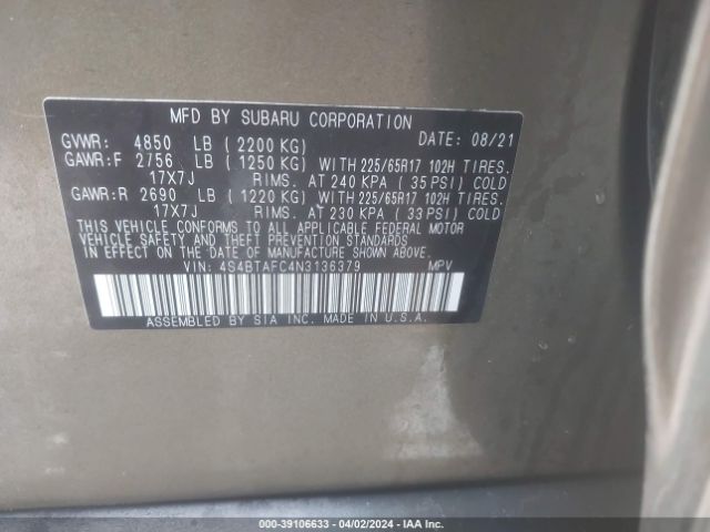 Photo 8 VIN: 4S4BTAFC4N3136379 - SUBARU OUTBACK 