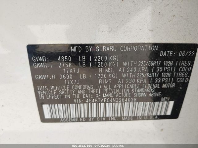 Photo 8 VIN: 4S4BTAFC4N3264038 - SUBARU OUTBACK 