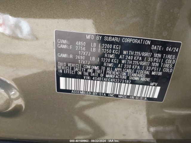 Photo 8 VIN: 4S4BTAFC4R3273182 - SUBARU OUTBACK 