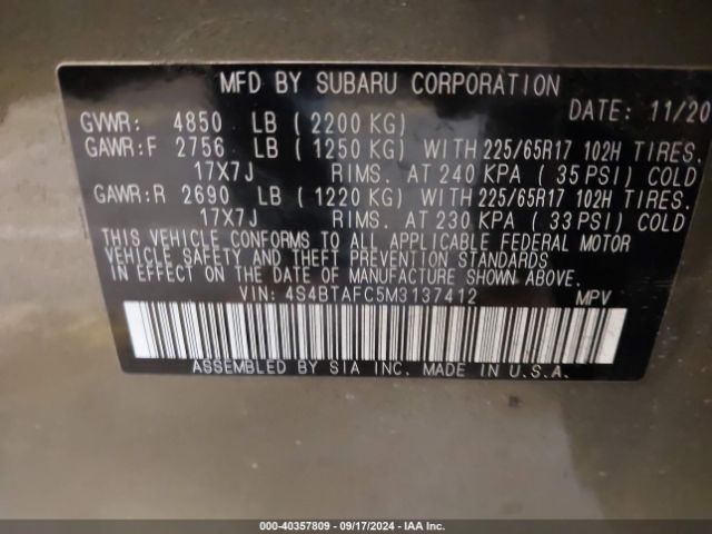 Photo 8 VIN: 4S4BTAFC5M3137412 - SUBARU OUTBACK 