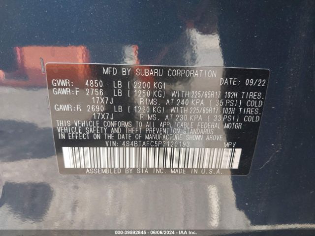 Photo 8 VIN: 4S4BTAFC5P3120193 - SUBARU OUTBACK 