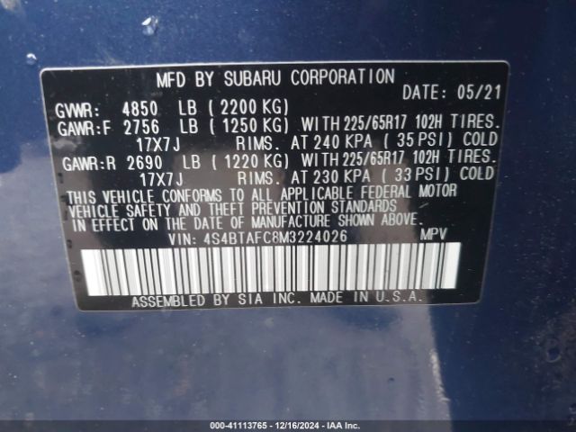 Photo 8 VIN: 4S4BTAFC8M3224026 - SUBARU OUTBACK 