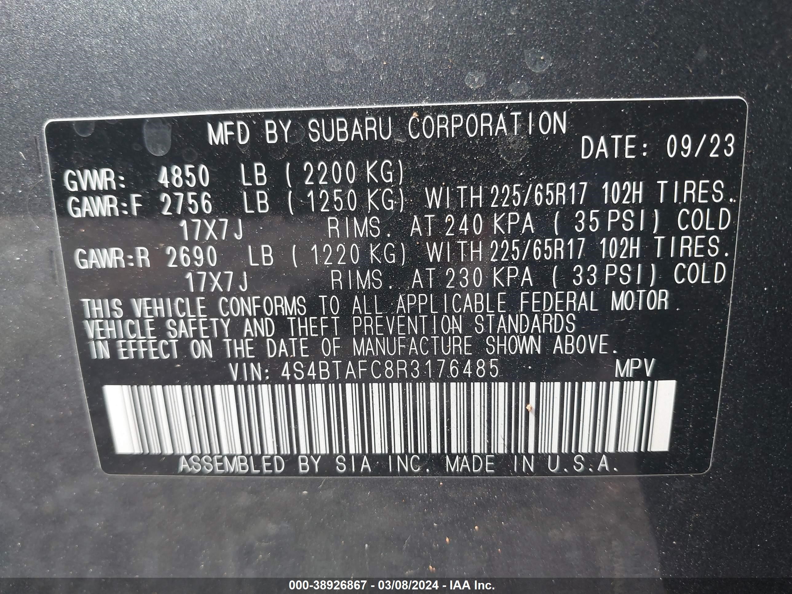 Photo 8 VIN: 4S4BTAFC8R3176485 - SUBARU OUTBACK 