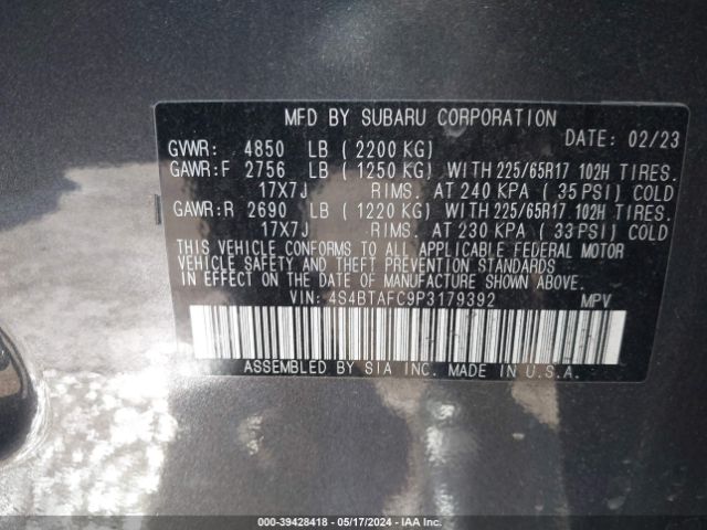 Photo 8 VIN: 4S4BTAFC9P3179392 - SUBARU OUTBACK 