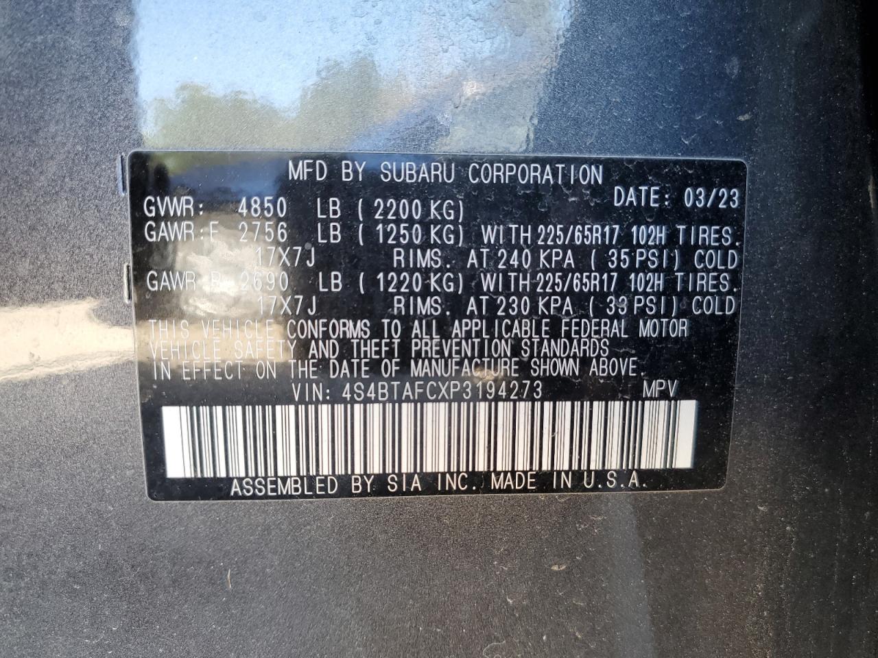 Photo 11 VIN: 4S4BTAFCXP3194273 - SUBARU OUTBACK 