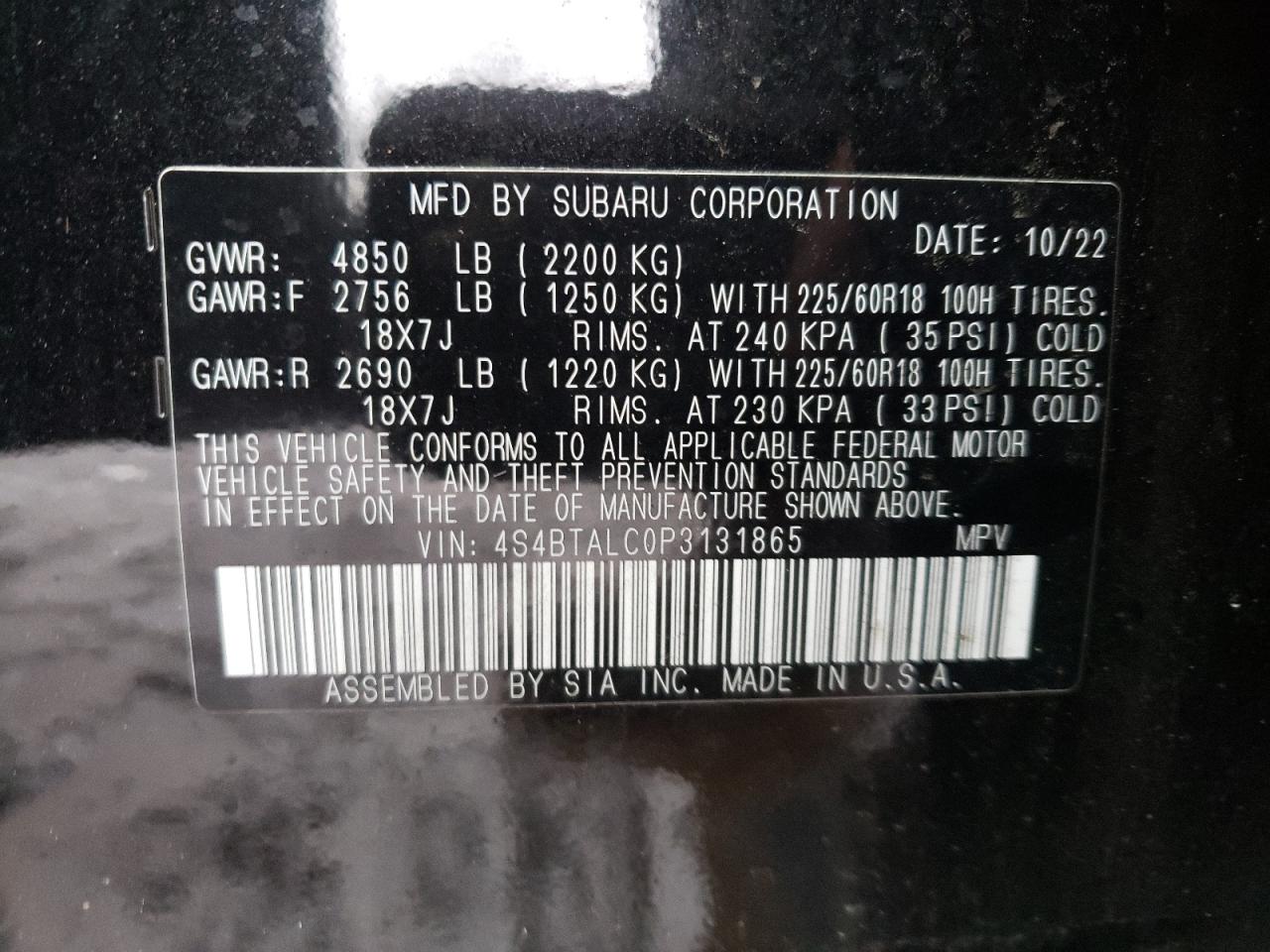 Photo 11 VIN: 4S4BTALC0P3131865 - SUBARU OUTBACK 