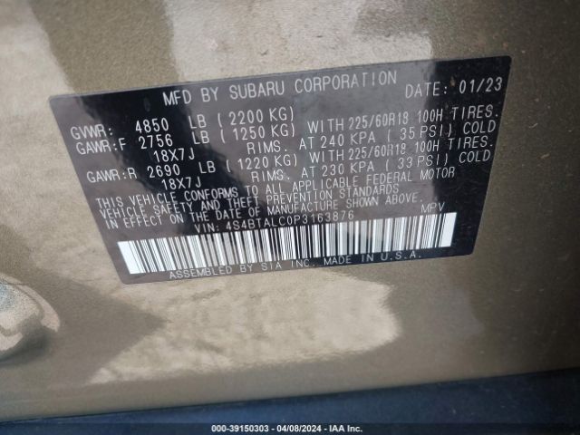 Photo 8 VIN: 4S4BTALC0P3163876 - SUBARU OUTBACK 