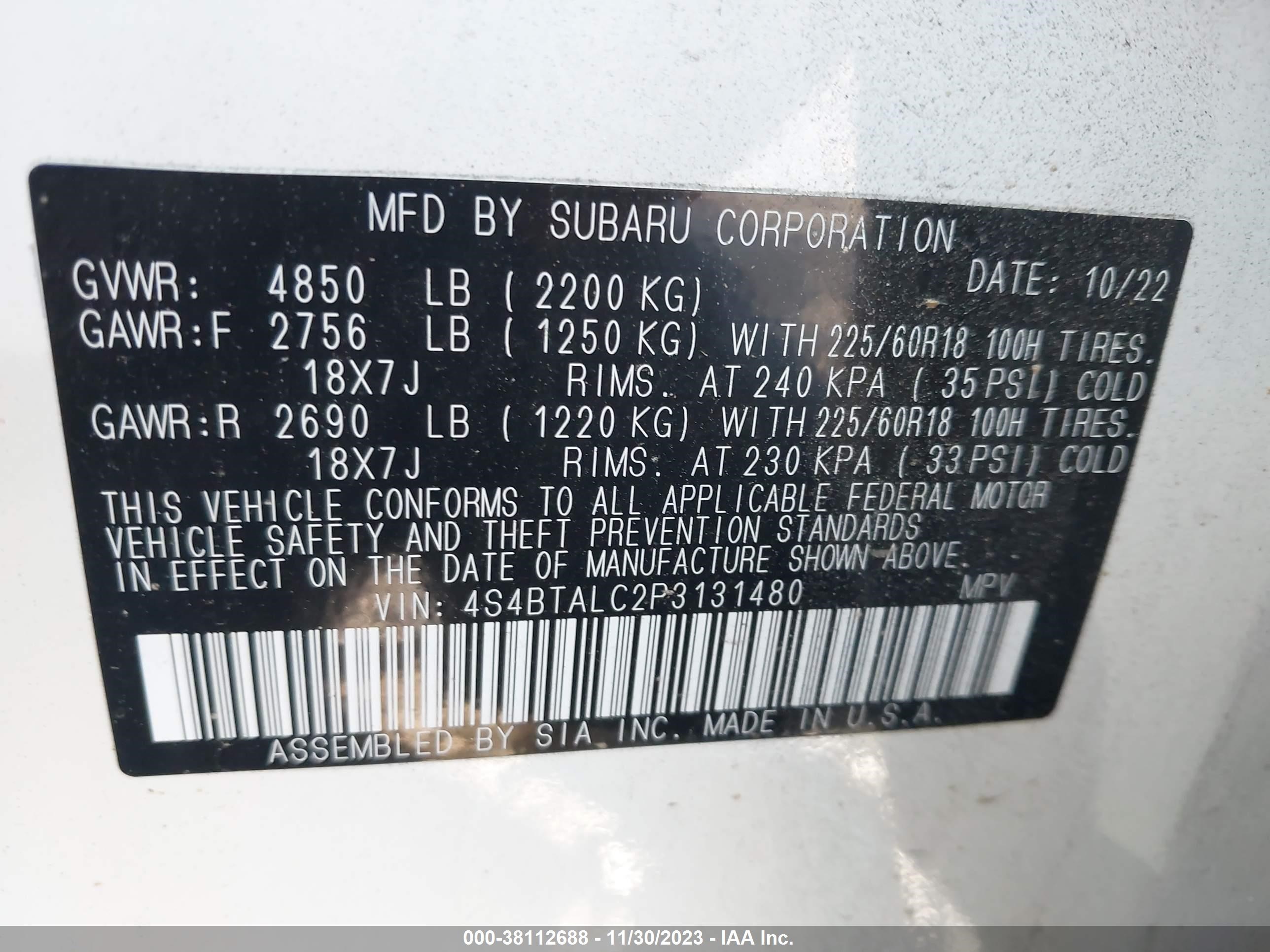 Photo 8 VIN: 4S4BTALC2P3131480 - SUBARU OUTBACK 