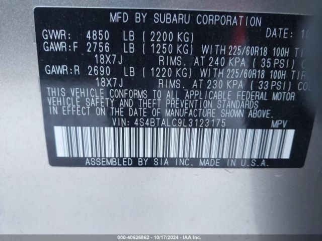 Photo 8 VIN: 4S4BTALC9L3123175 - SUBARU OUTBACK 