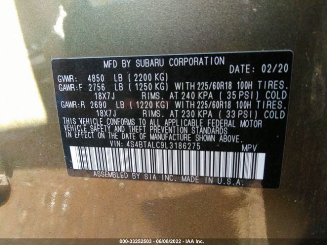 Photo 8 VIN: 4S4BTALC9L3186275 - SUBARU OUTBACK 