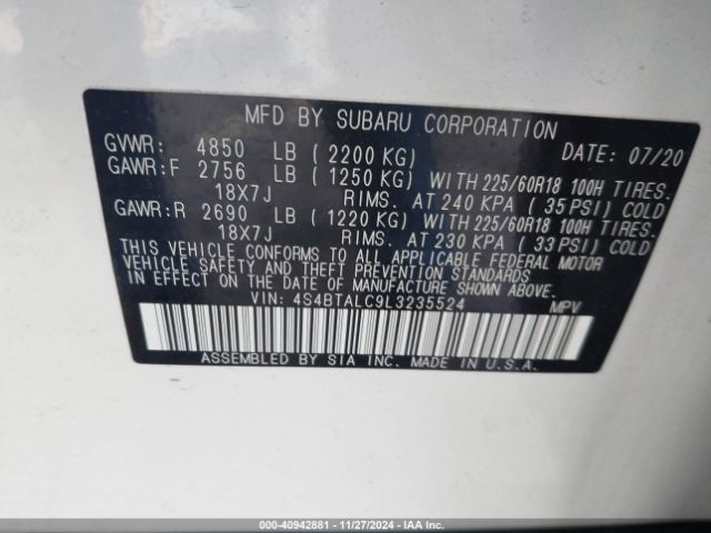 Photo 8 VIN: 4S4BTALC9L3235524 - SUBARU OUTBACK 