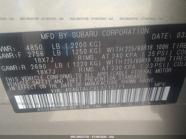 Photo 8 VIN: 4S4BTALCXL3212771 - SUBARU OUTBACK 