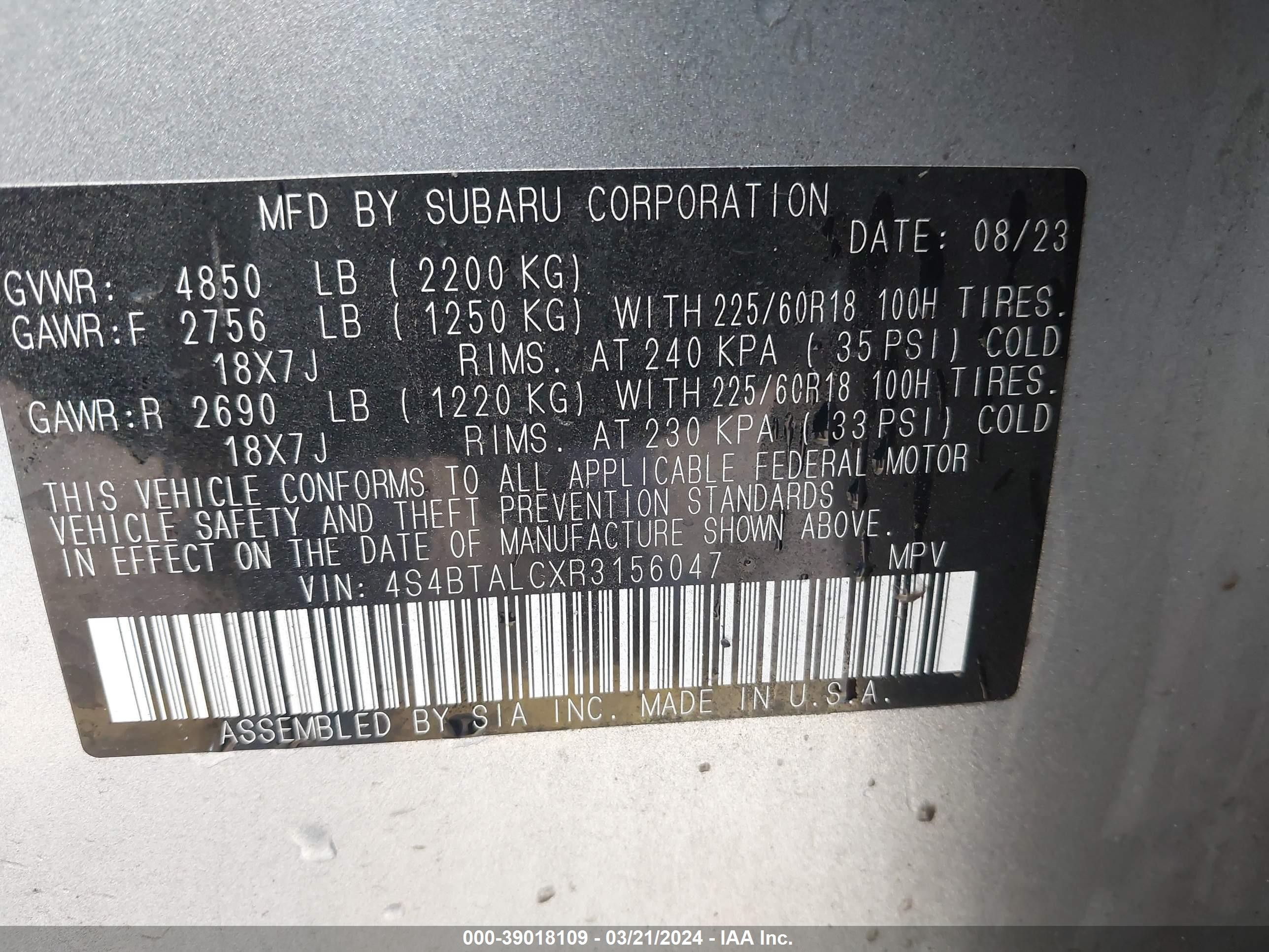 Photo 8 VIN: 4S4BTALCXR3156047 - SUBARU OUTBACK 