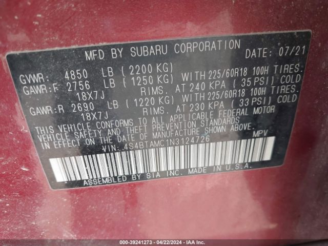 Photo 8 VIN: 4S4BTAMC1N3124726 - SUBARU OUTBACK 