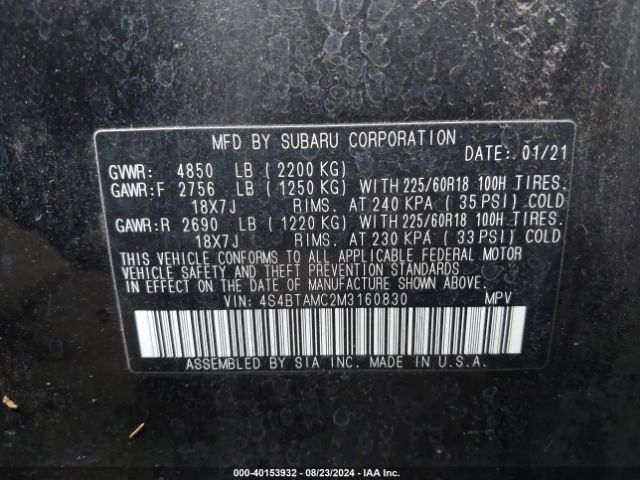 Photo 8 VIN: 4S4BTAMC2M3160830 - SUBARU OUTBACK 