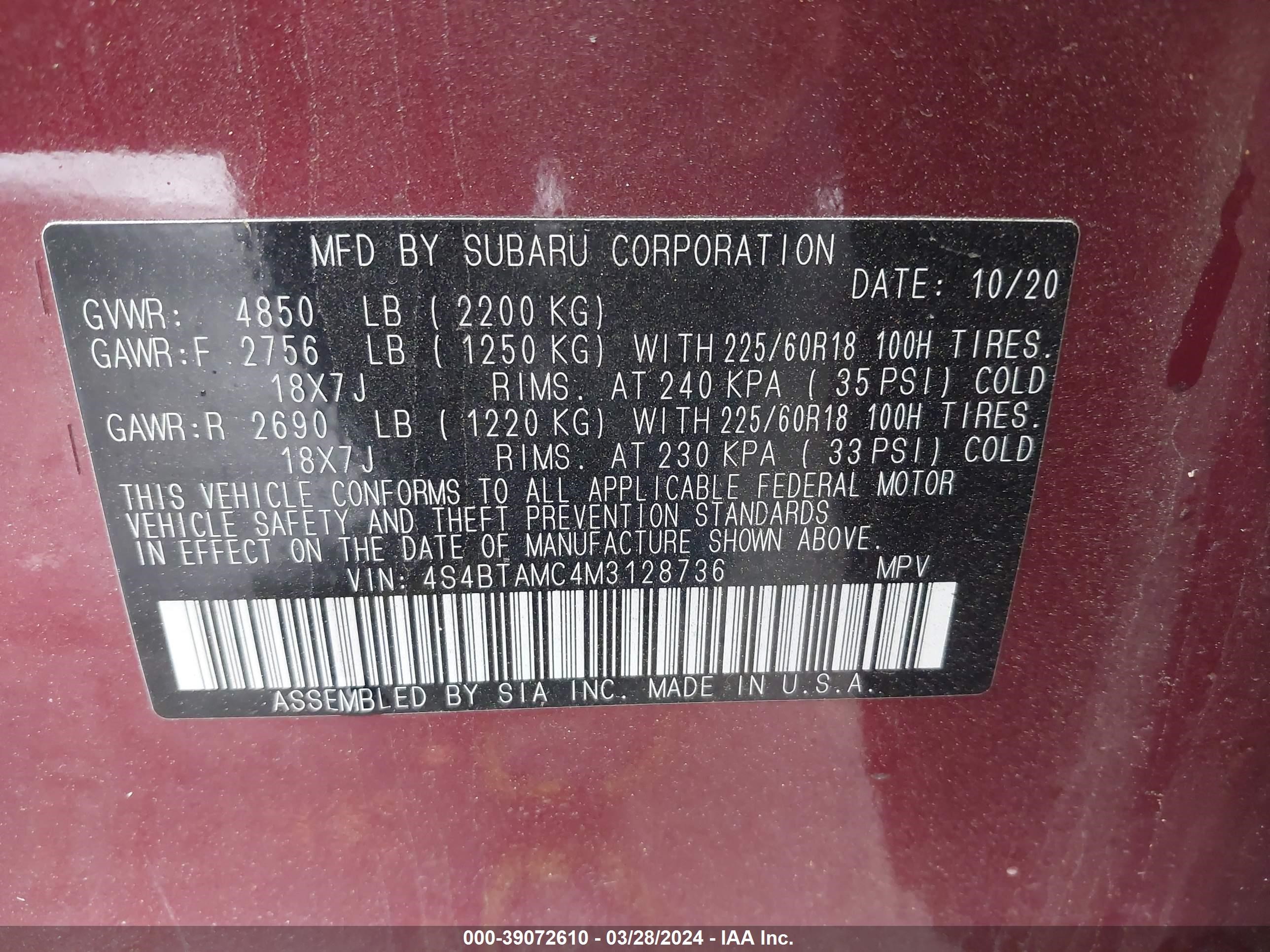 Photo 8 VIN: 4S4BTAMC4M3128736 - SUBARU OUTBACK 