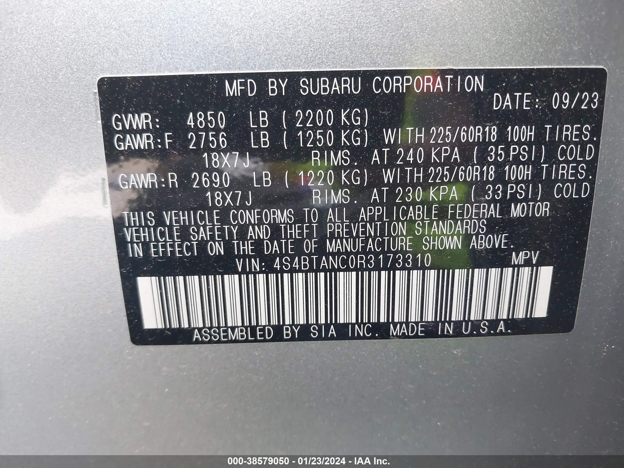 Photo 8 VIN: 4S4BTANC0R3173310 - SUBARU OUTBACK 