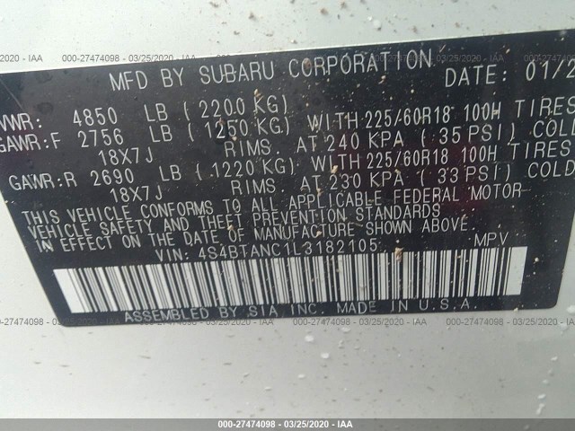 Photo 8 VIN: 4S4BTANC1L3182105 - SUBARU OUTBACK 