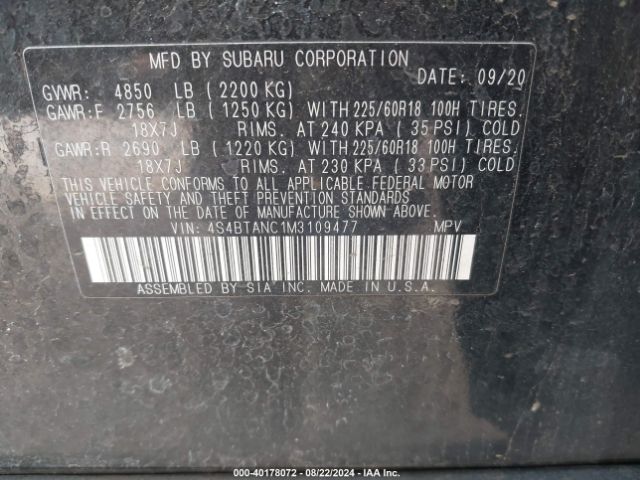 Photo 8 VIN: 4S4BTANC1M3109477 - SUBARU OUTBACK 