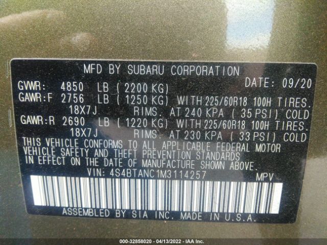 Photo 8 VIN: 4S4BTANC1M3114257 - SUBARU OUTBACK 