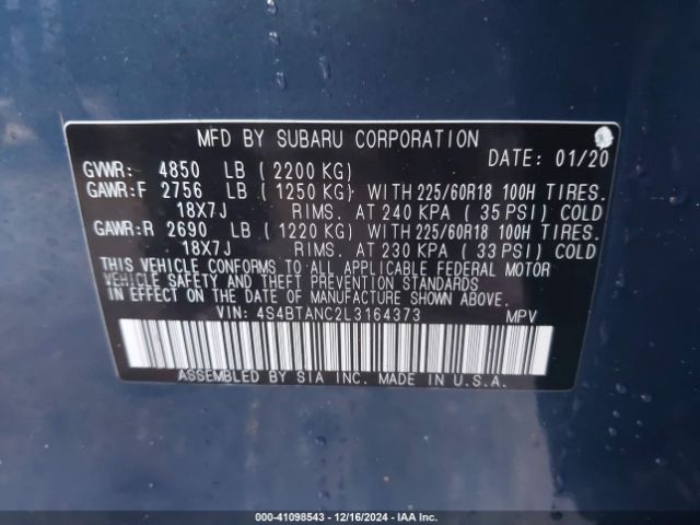 Photo 8 VIN: 4S4BTANC2L3164373 - SUBARU OUTBACK 