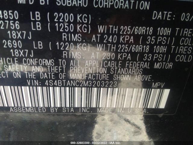 Photo 8 VIN: 4S4BTANC2M3203223 - SUBARU OUTBACK 