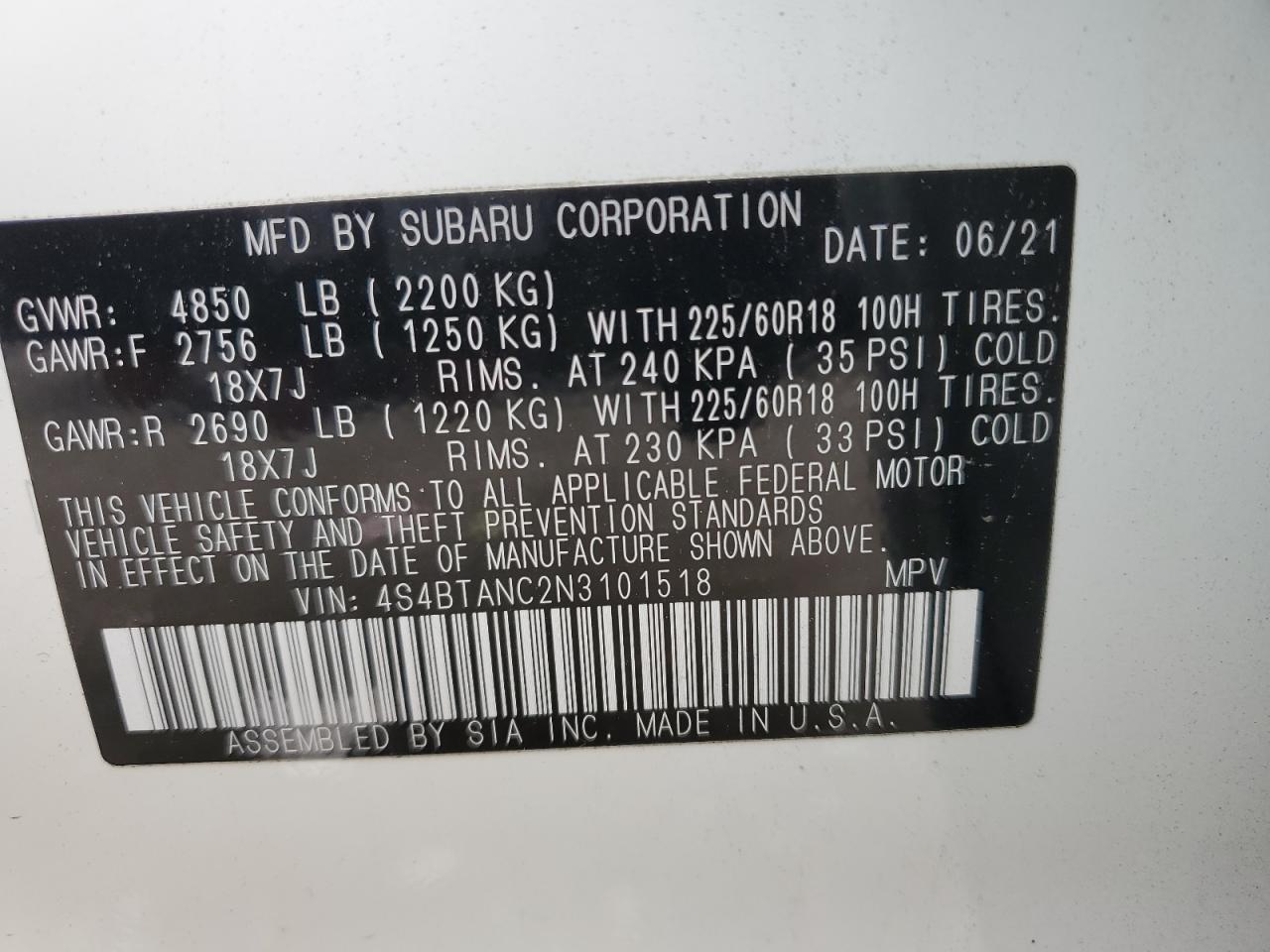 Photo 12 VIN: 4S4BTANC2N3101518 - SUBARU OUTBACK 