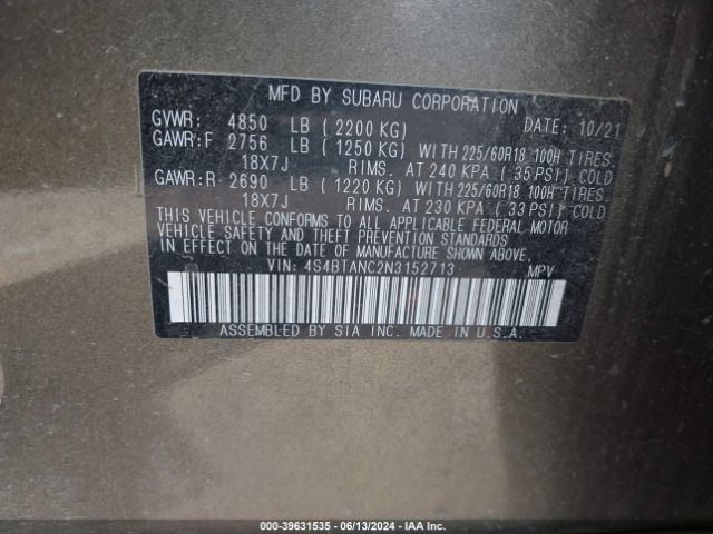 Photo 8 VIN: 4S4BTANC2N3152713 - SUBARU OUTBACK 