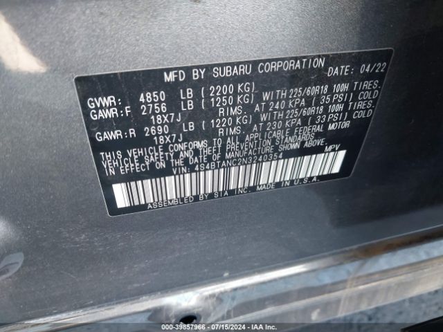 Photo 8 VIN: 4S4BTANC2N3240354 - SUBARU OUTBACK 