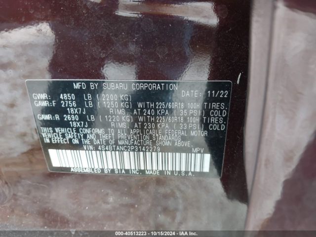 Photo 8 VIN: 4S4BTANC2P3142279 - SUBARU OUTBACK 