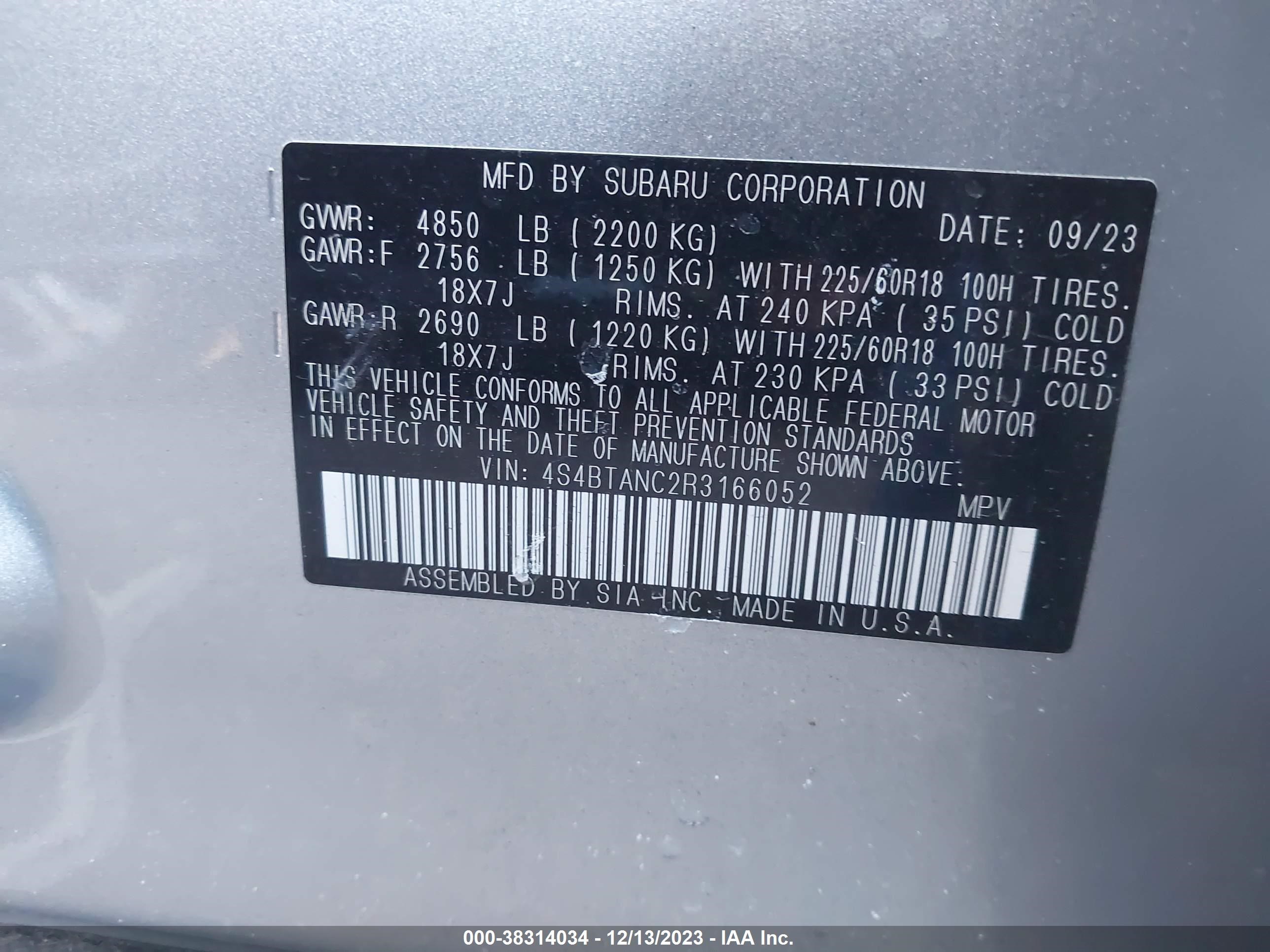 Photo 8 VIN: 4S4BTANC2R3166052 - SUBARU OUTBACK 