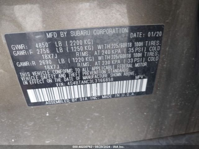 Photo 8 VIN: 4S4BTANC3L3166858 - SUBARU OUTBACK 