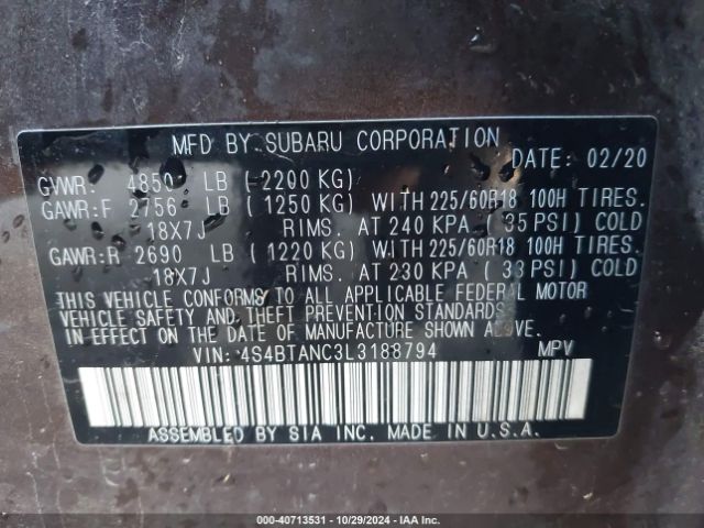 Photo 8 VIN: 4S4BTANC3L3188794 - SUBARU OUTBACK 