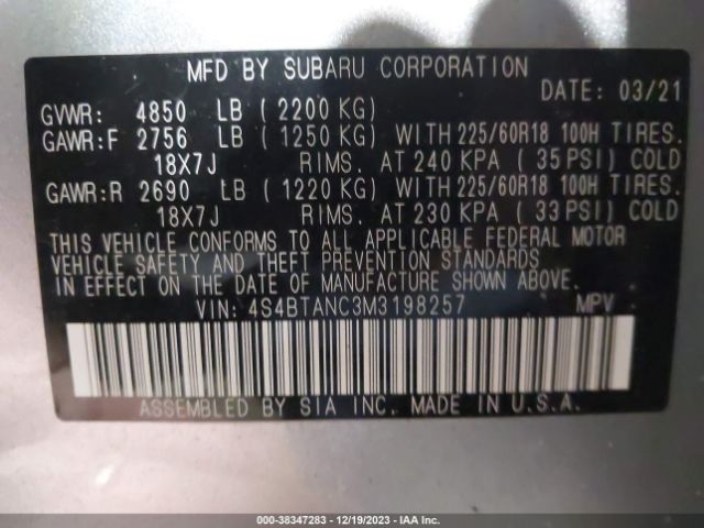 Photo 8 VIN: 4S4BTANC3M3198257 - SUBARU OUTBACK 