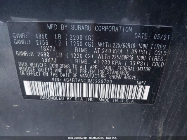 Photo 8 VIN: 4S4BTANC3M3229720 - SUBARU OUTBACK 