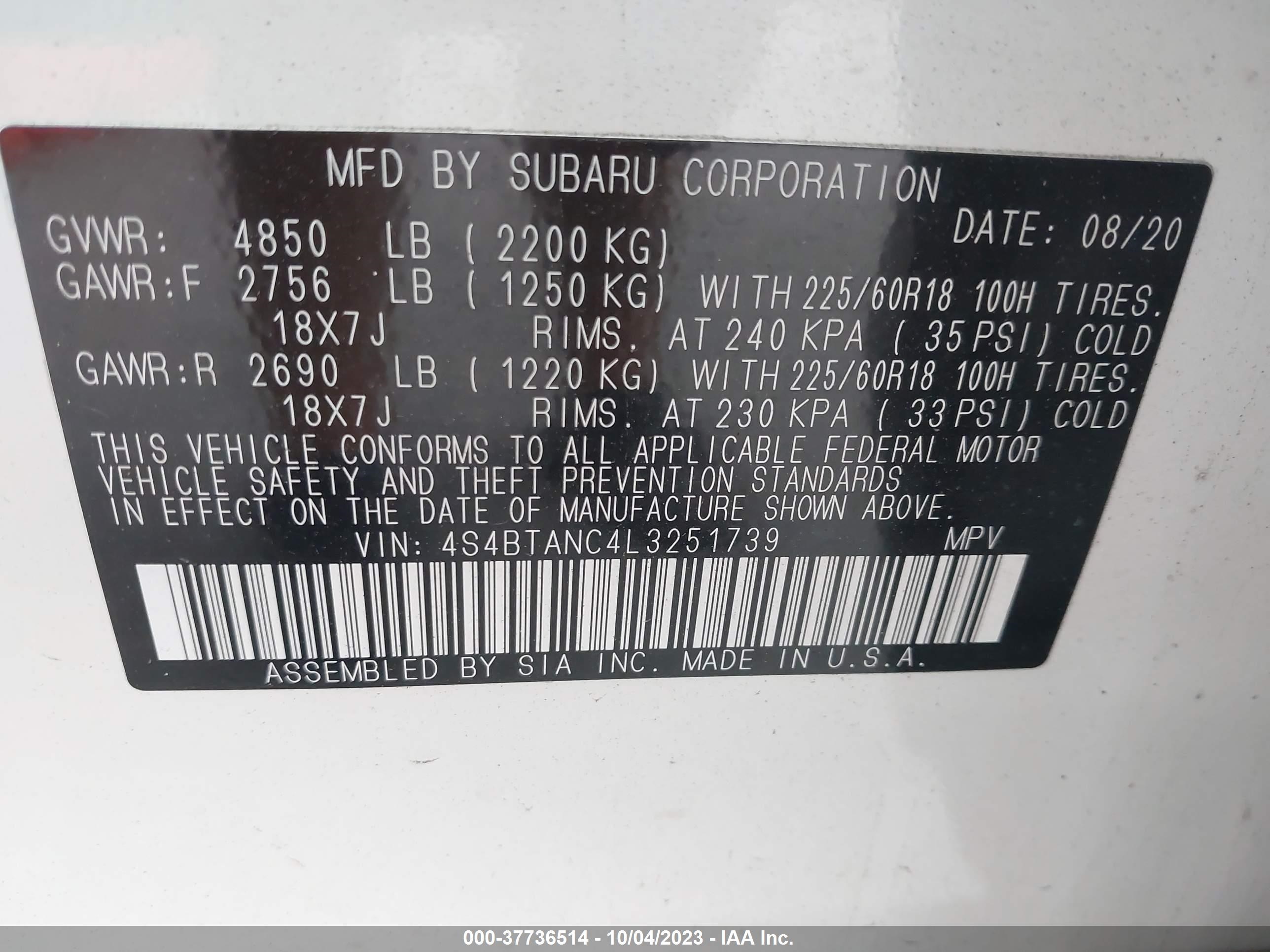 Photo 8 VIN: 4S4BTANC4L3251739 - SUBARU OUTBACK 