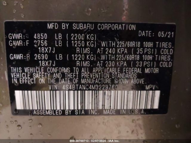 Photo 8 VIN: 4S4BTANC4M3229760 - SUBARU OUTBACK 