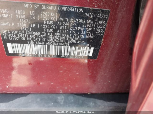 Photo 8 VIN: 4S4BTANC4N3104758 - SUBARU OUTBACK 