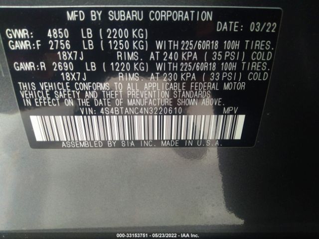 Photo 8 VIN: 4S4BTANC4N3220610 - SUBARU OUTBACK 